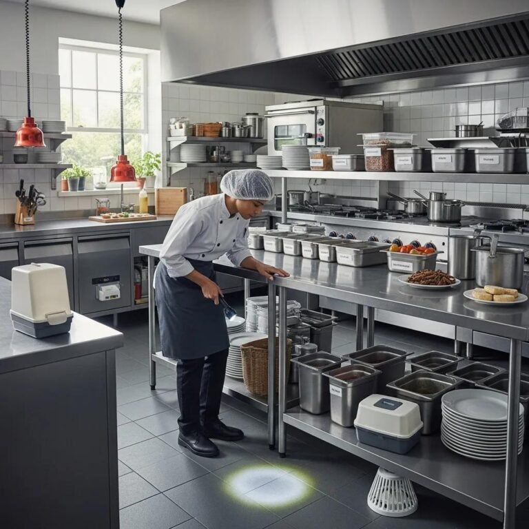 Clean restaurant kitchen showcasing pest prevention measures and hygiene practices