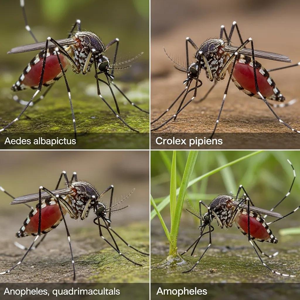 Close-up of Aedes albopictus, Culex pipiens, and Anopheles quadrimaculatus mosquitoes