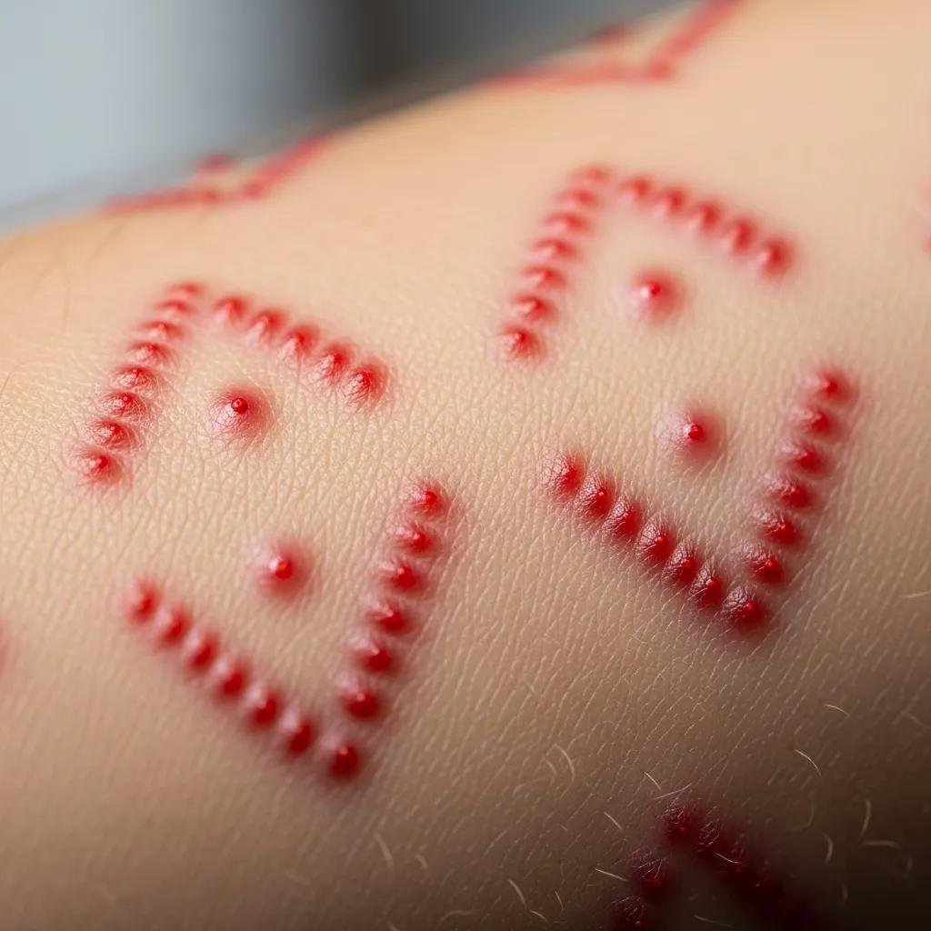 Close view of small red welts consistent with bed bug bites