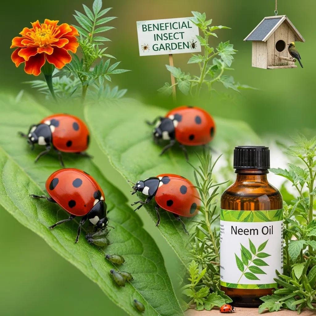 Close-up of ladybugs on a leaf and neem oil bottle representing natural pest management techniques