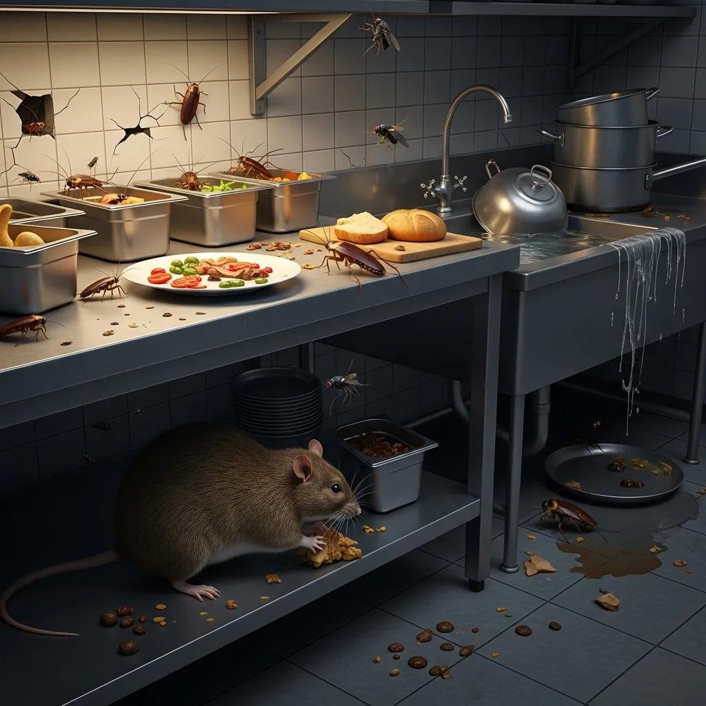 Rats, cockroaches, and flies commonly found in commercial kitchens