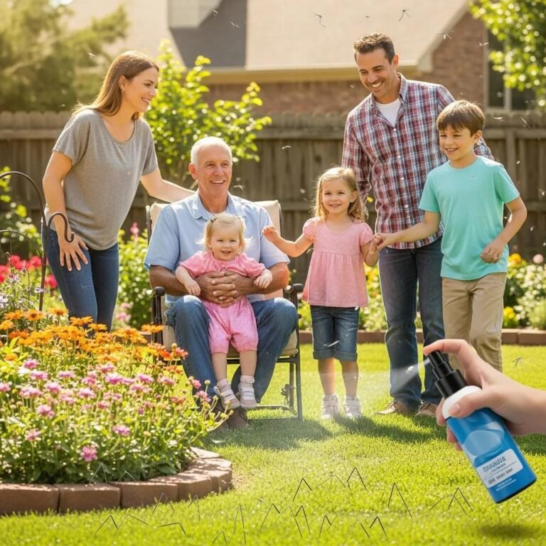 Family using mosquito repellent in a sunny backyard in Broken Arrow, highlighting mosquito control efforts