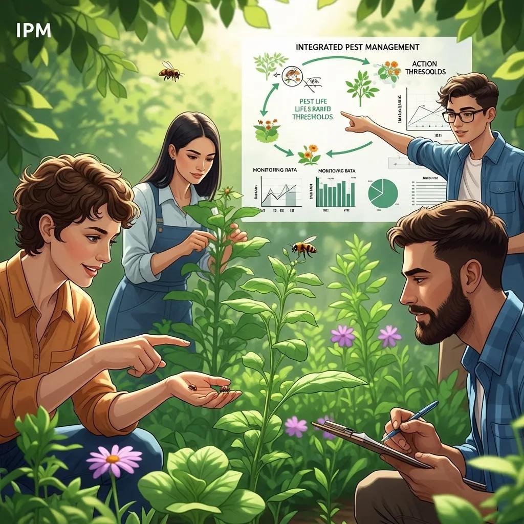 Group of people collaborating on Integrated Pest Management strategies in a garden setting