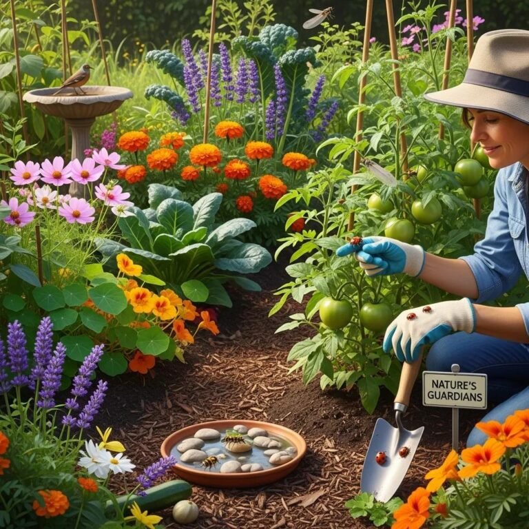 Lush garden scene illustrating eco-friendly pest control methods with a person inspecting plants