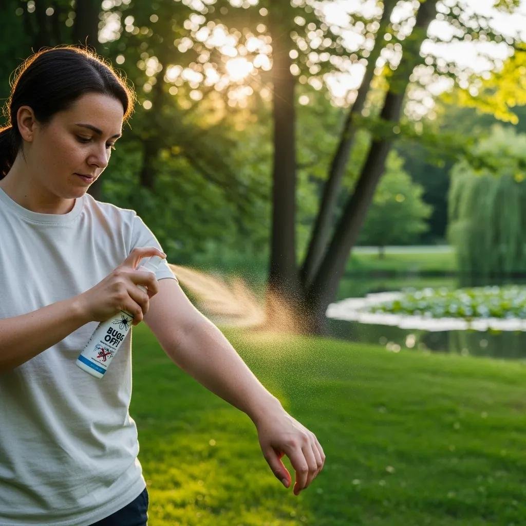 Person applying mosquito repellent outdoors