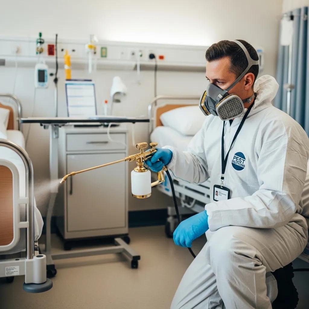 Pest control technician using hospital-safe methods to treat a patient room