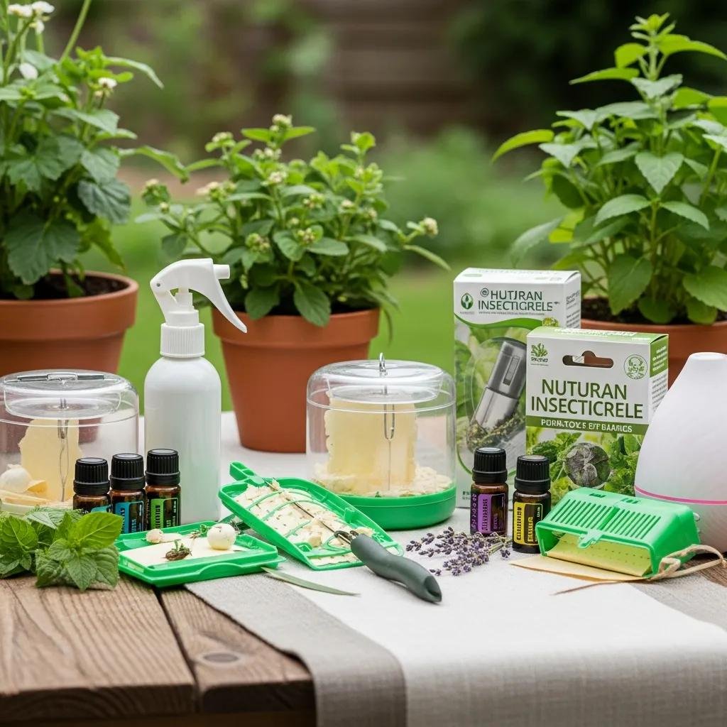 Variety of eco-friendly pest control products displayed on a wooden table with greenery